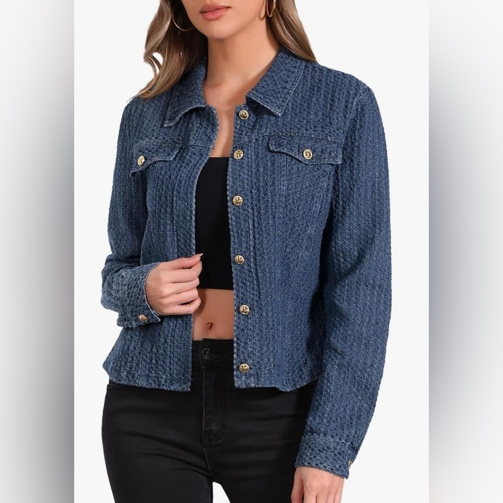 Allegra K Women's Denim Jacket Button Down Collared Long Sleeve Texture Casual
